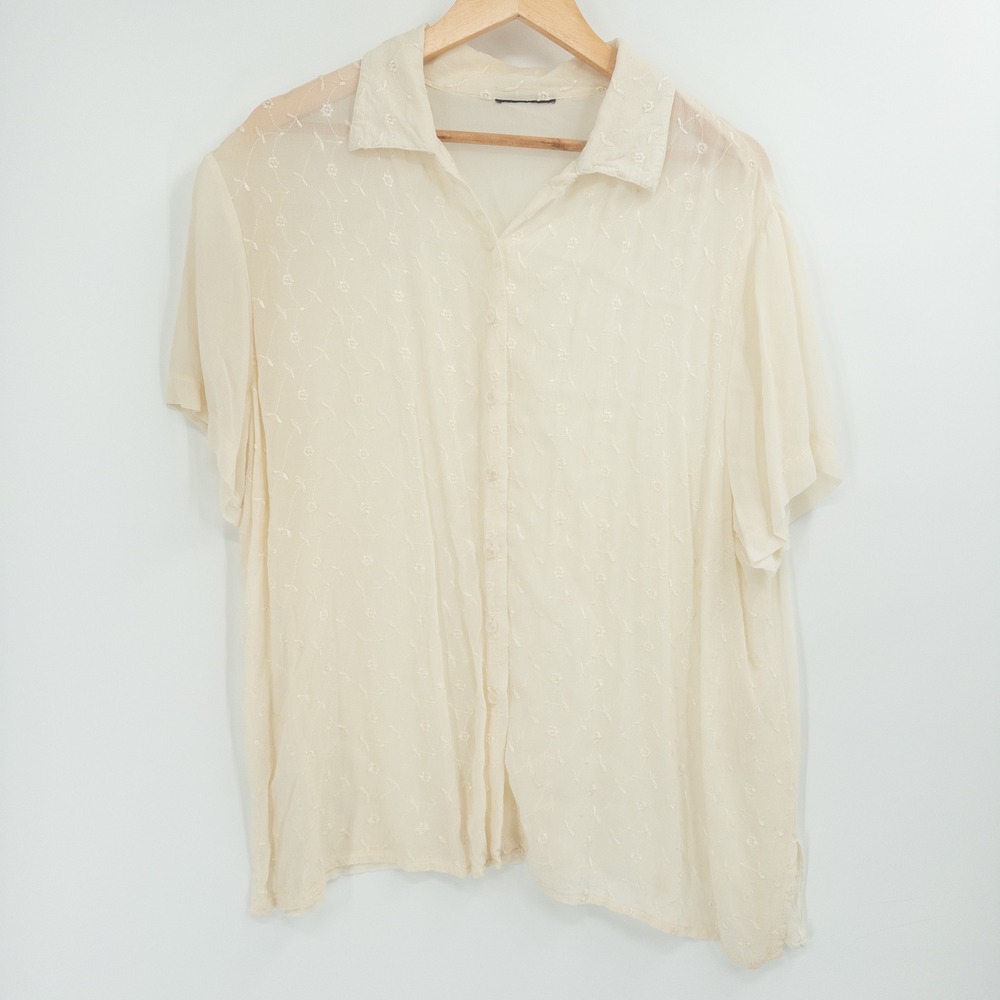 Vintage Romantic Button Down Shirt Womens XL Cream Sheer Floral Embroidered Boho